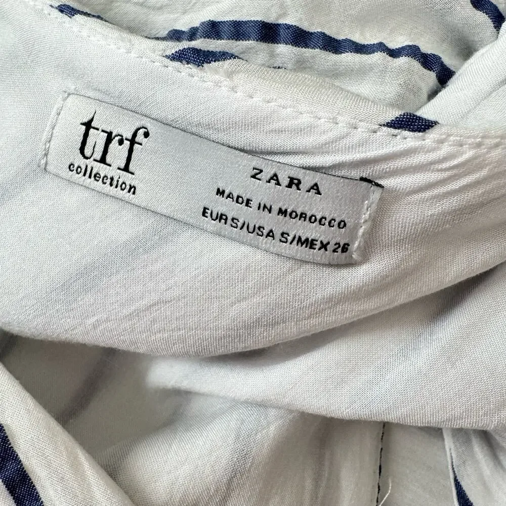 Zara White Striped Seersucker Balloon Sleeve Crop Top Size S White/Blue